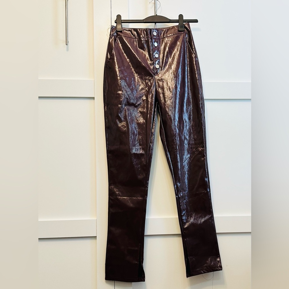 BOOHOO Pant Trouser Burgundy Vinyl Skinny Pockets Split Hem Boutique NWT Sz 12